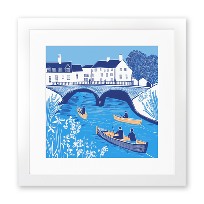 Cambridge punts and bridges Linoprint-Style Art (841-1)