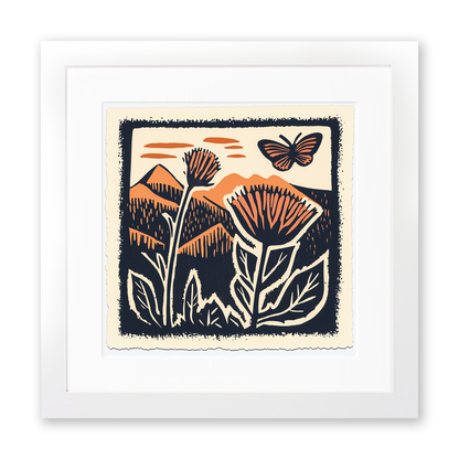 Thistle with butterfly Linoprint-Style Art (114-1)