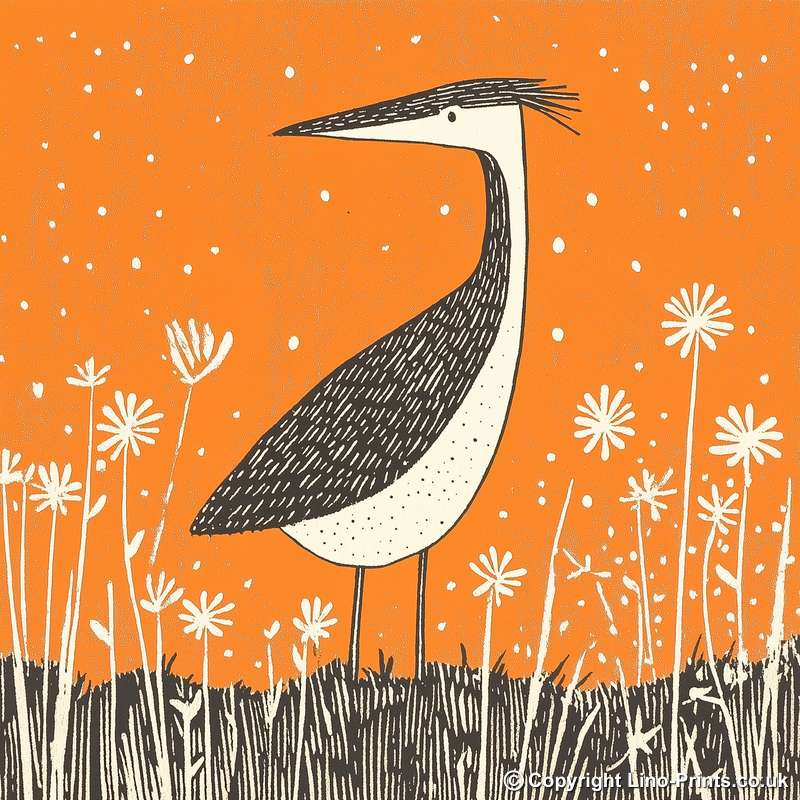 Heron in marshland Linoprint-Style Art (257-1)