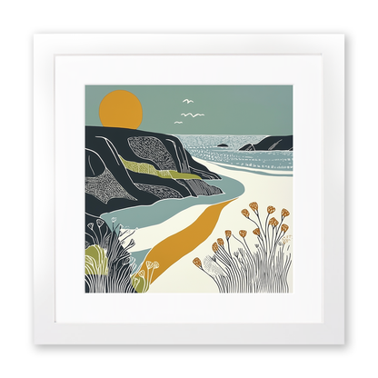 Porthcurno Beach Linoprint-Style Art (1186-2)