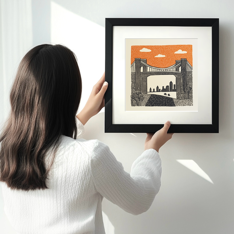 New York Brooklyn Bridge Linoprint-Style Art (184-1)