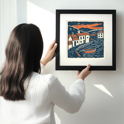 Dunbar Harbour, East Lothian Linoprint-Style Art (133-1)