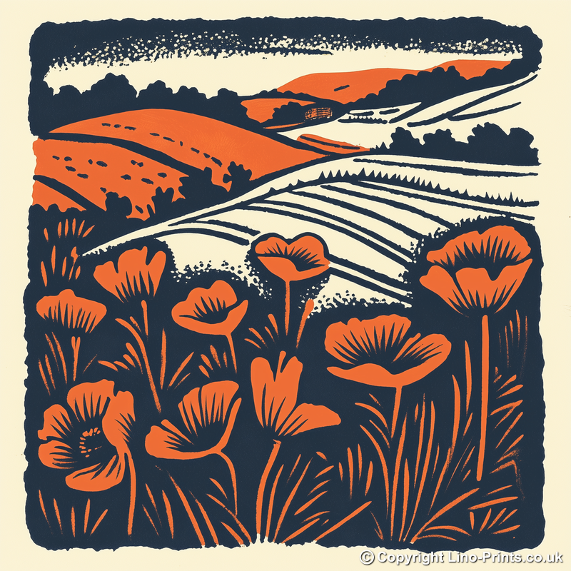 Field of poppies near Snettisham Linoprint-Style Art (1984-1)