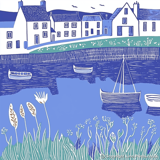 Reflections of boats in still harbour Linoprint-Style Art (1821-1)