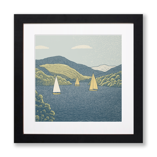 Sailing boats on Windermere Linoprint-Style Art (2529-2)