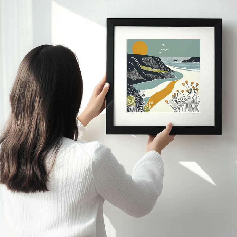 Porthcurno Beach Linoprint-Style Art (1186-2)