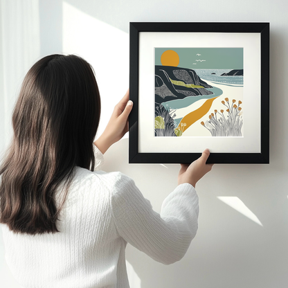 Porthcurno Beach Linoprint-Style Art (1186-2)