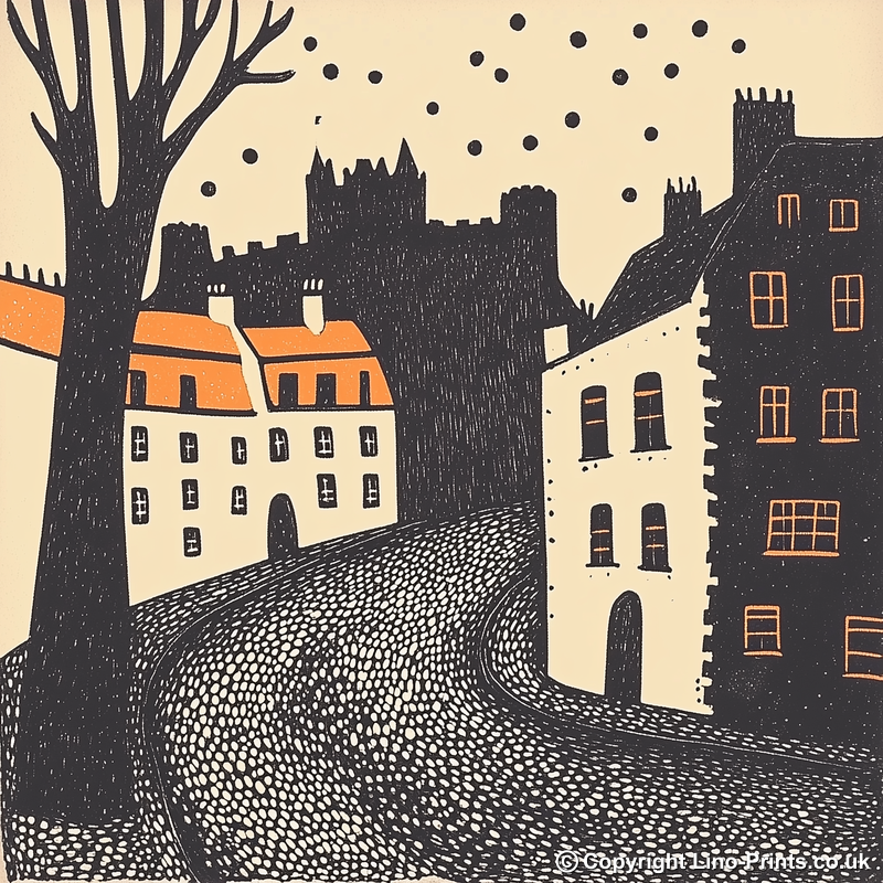 Edinburgh Castle and Royal Mile Linoprint-Style Art (174-1)