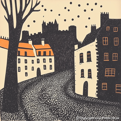 Edinburgh Castle and Royal Mile Linoprint-Style Art (174-1)