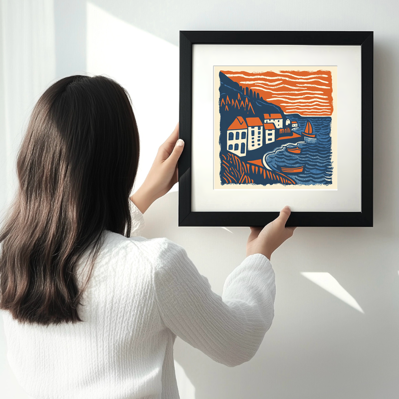 Robin Hood’s Bay, North Yorkshire Linoprint-Style Art (150-2)