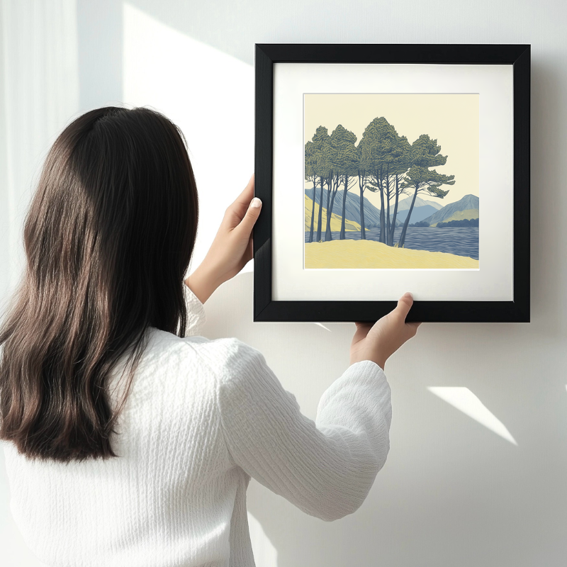 Pine trees silhouette on a lake island (e.g., Derwentwater) Linoprint-Style Art (2504-5)