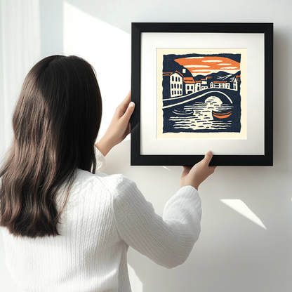 Amsterdam canal at twilight Linoprint-Style Art (2-6)