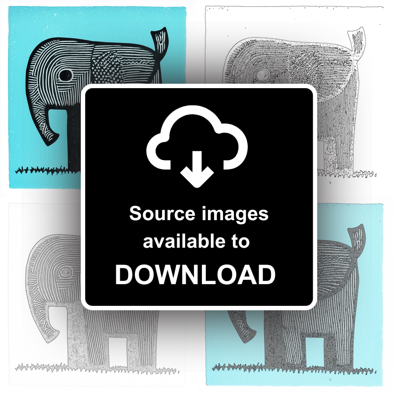 Cute Elephant Calf Linoprint-Style Art (619-1)