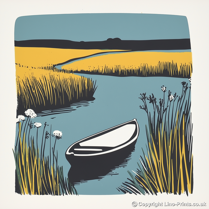Norfolk Broads boat on still water Linoprint-Style Art (1909-1)