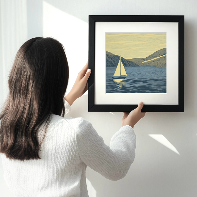Sailing boat silhouette on the water Linoprint-Style Art (2528-1)
