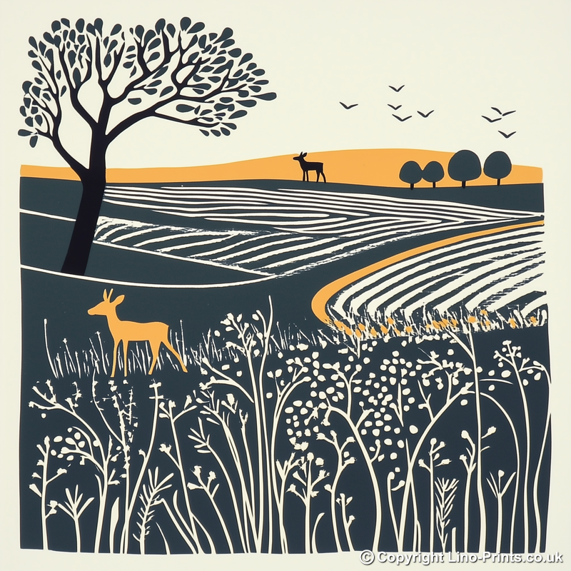 Woodland deer near Sandringham Linoprint-Style Art (1954-1)