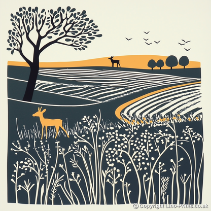 Woodland deer near Sandringham Linoprint-Style Art (1954-1)