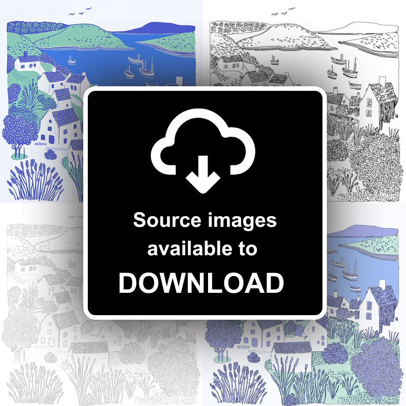 Village by the coast Linoprint-Style Art (978-1)
