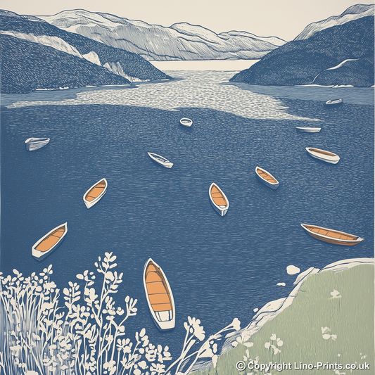 View of lake boats from above Linoprint-Style Art (2590-2)