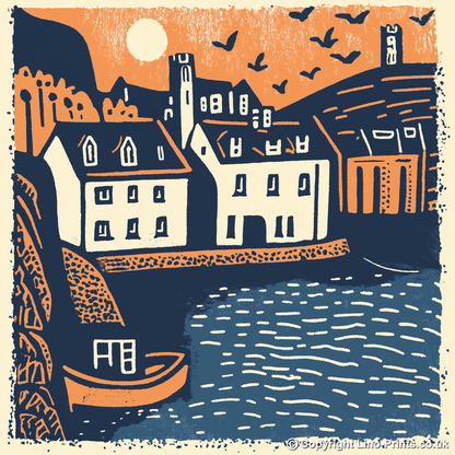 Tenby Harbour, Pembrokeshire Linoprint-Style Art (158-1)