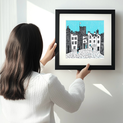 Edinburgh Castle and Royal Mile Linoprint-Style Art (557-1)