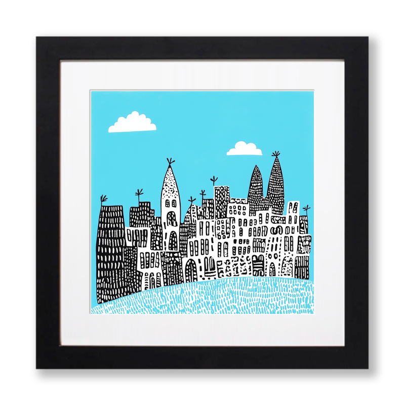 Barcelona skyline Linoprint-Style Art (547-1)