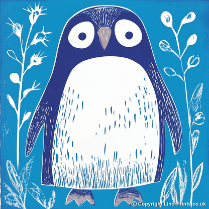 Cute Penguin Chick Linoprint-Style Art (927-2)