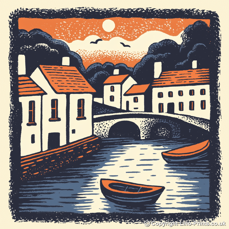 Cambridge punts and bridges Linoprint-Style Art (6-1)