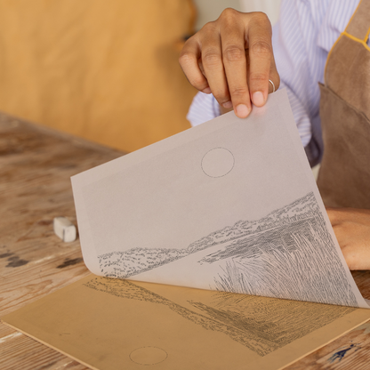 Sunset over a lake Linoprint-Style Art (2572-1)