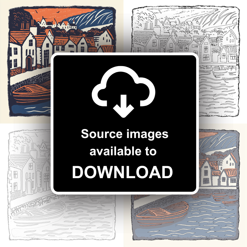 Padstow Harbour, Cornwall Linoprint-Style Art (143-2)
