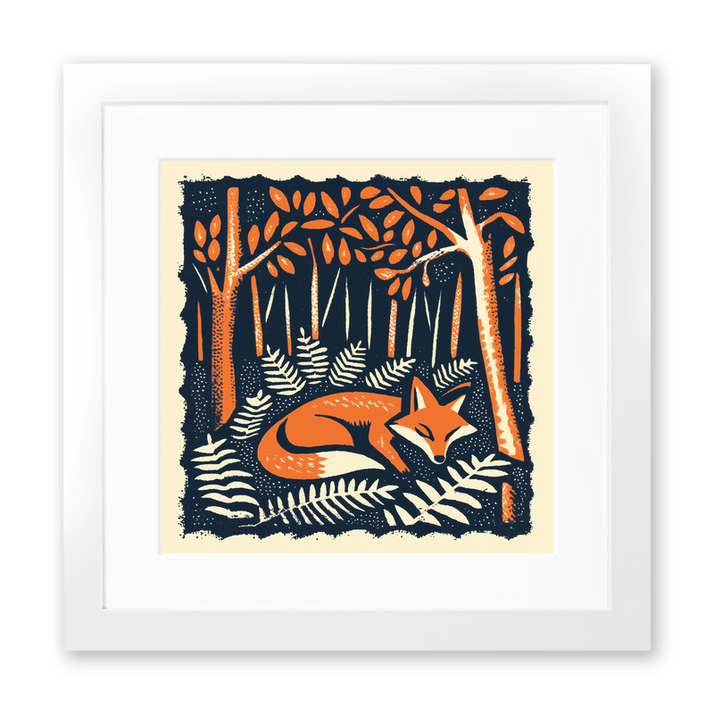 Ferns with resting fox Linoprint-Style Art (90-2)