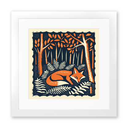 Ferns with resting fox Linoprint-Style Art (90-2)
