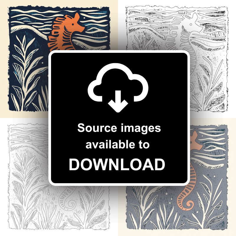 Seahorse in seaweed Linoprint-Style Art (109-2)