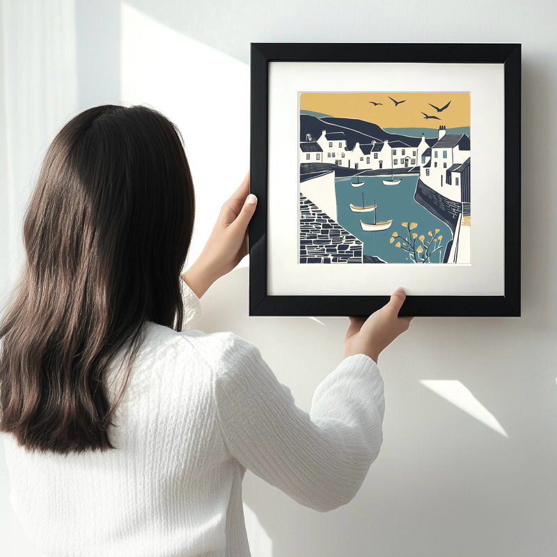 Port Isaac Linoprint-Style Art (1185-1)