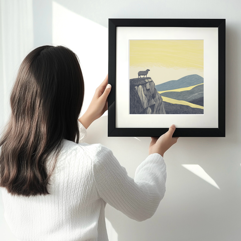 Herdwick sheep silhouette profile on a rise Linoprint-Style Art (2450-2)