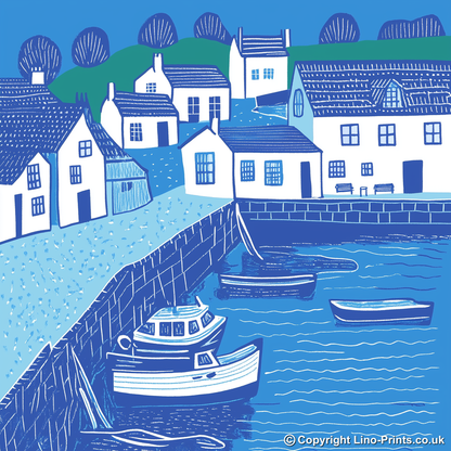 Mevagissey Harbour, Cornwall Linoprint-Style Art (1095-3)
