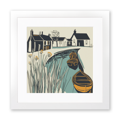 Broadland village with boat moorings Linoprint-Style Art (1864-1)