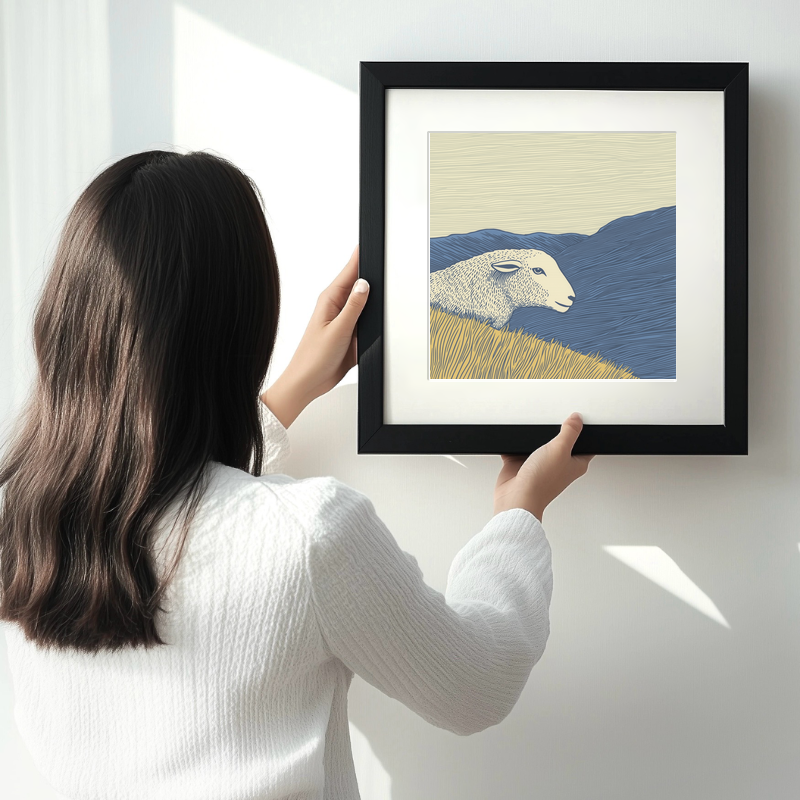 Herdwick sheep silhouette profile on a rise Linoprint-Style Art (2450-3)