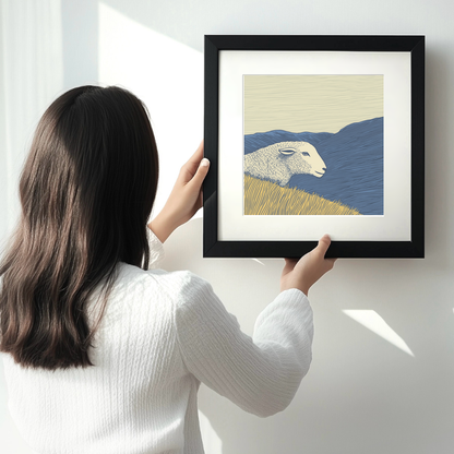 Herdwick sheep silhouette profile on a rise Linoprint-Style Art (2450-3)