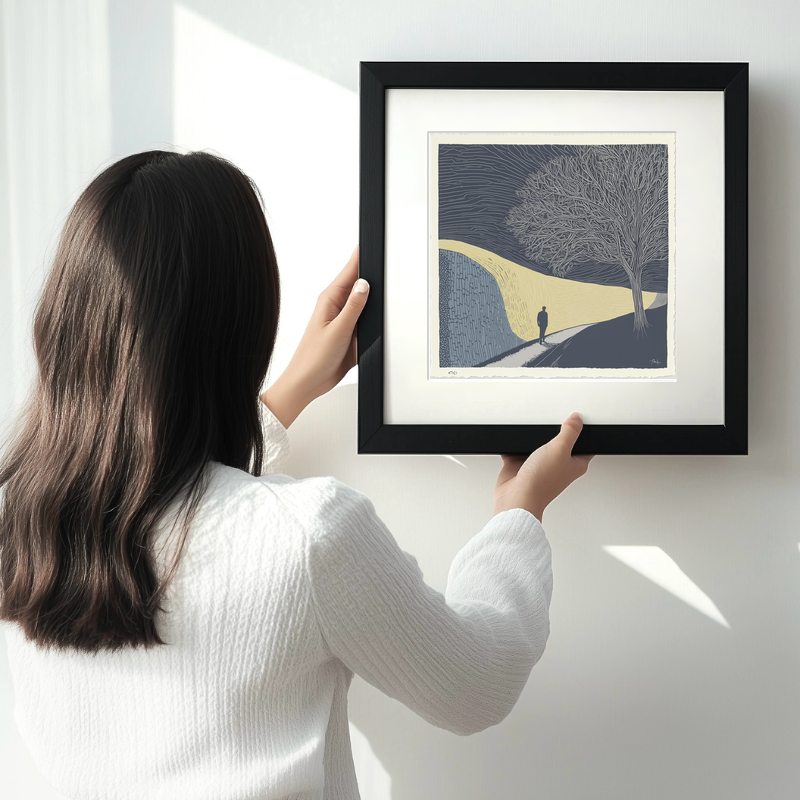 Wall silhouette leading towards a silhouetted tree Linoprint-Style Art (2593-3)
