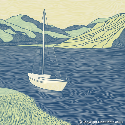 Yacht moored in quiet bay Linoprint-Style Art (2610-1)