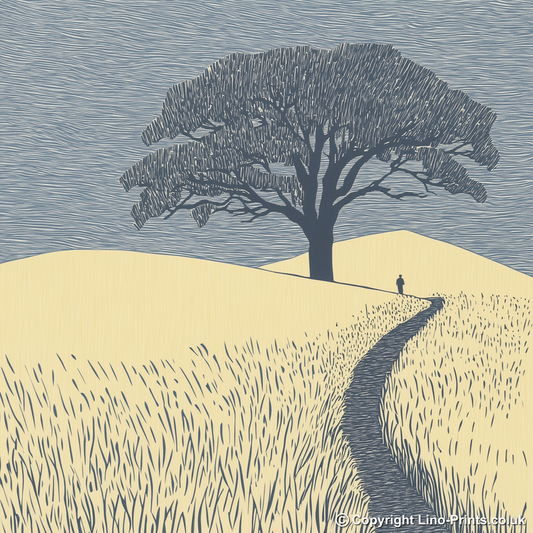 Wall silhouette leading towards a silhouetted tree Linoprint-Style Art (2593-1)