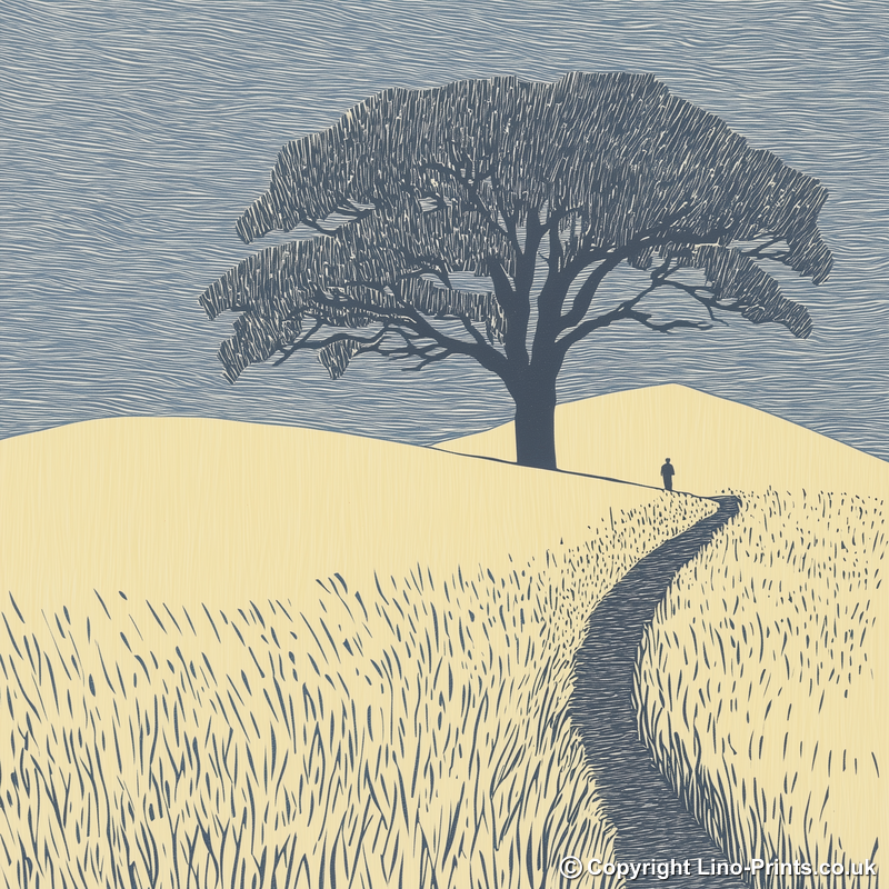 Wall silhouette leading towards a silhouetted tree Linoprint-Style Art (2593-2)
