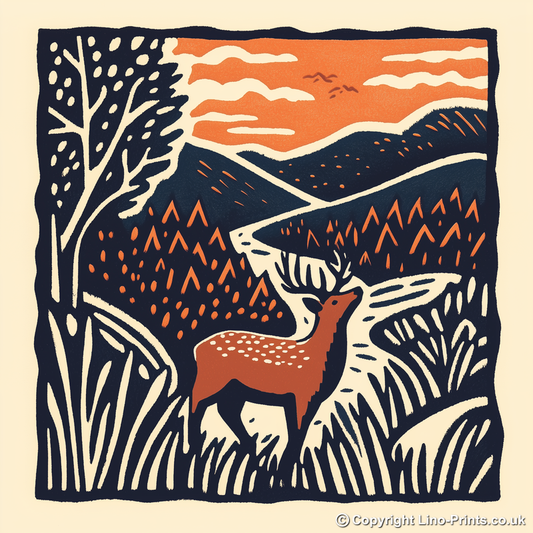 Red deer stag in mist Linoprint-Style Art (106-1)