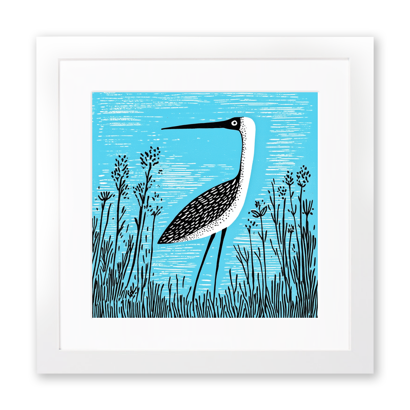 Heron in marshland Linoprint-Style Art (718-1)