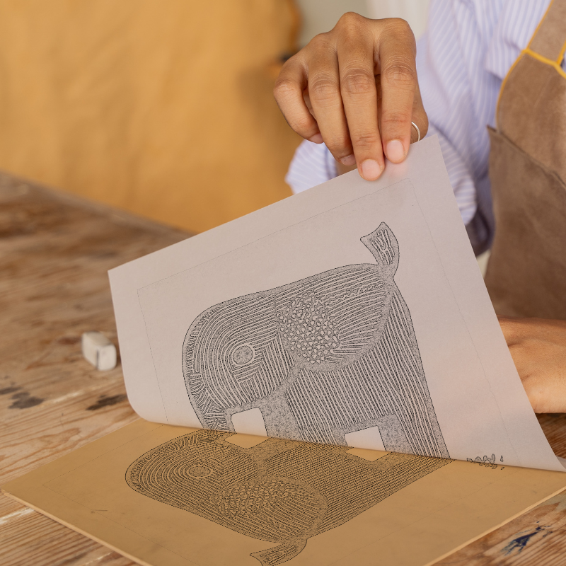 Cute Elephant Calf Linoprint-Style Art (619-1)
