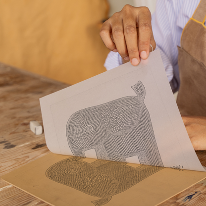 Cute Elephant Calf Linoprint-Style Art (619-1)