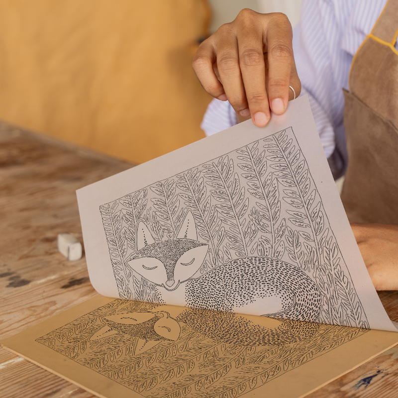 Ferns with resting fox Linoprint-Style Art (713-1)