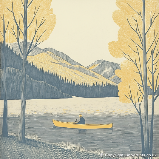 Kayaker near Buttermere pines Linoprint-Style Art (2467-2)
