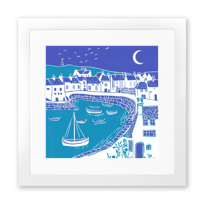 Mousehole Harbour, Cornwall Linoprint-Style Art (1096-1)